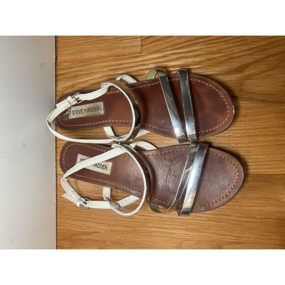Steve Madden Sandals Womens Silver Metallic White Strappy Slingback Open Toe - Picture 8 of 9